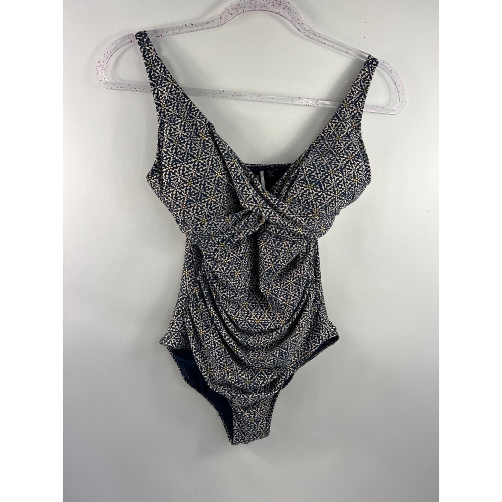 Niptuck Swim 1 Piece Swim Suit Women's Sz 6 Navy/Gold Faux Wrap Ruched